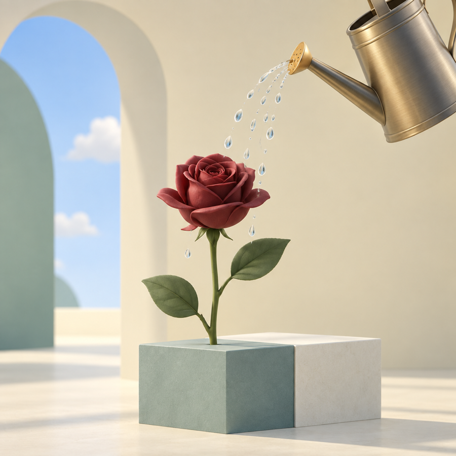 A rose being carefully watered, representing continuous system improvement.